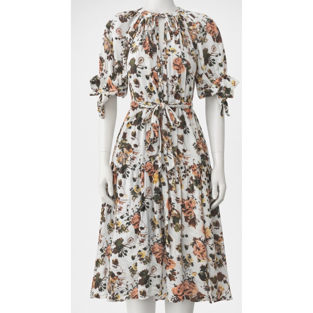 Ulla Johnson Dress Womens Small White Floral Belted Puff Sleeve Midi Boho Tiered